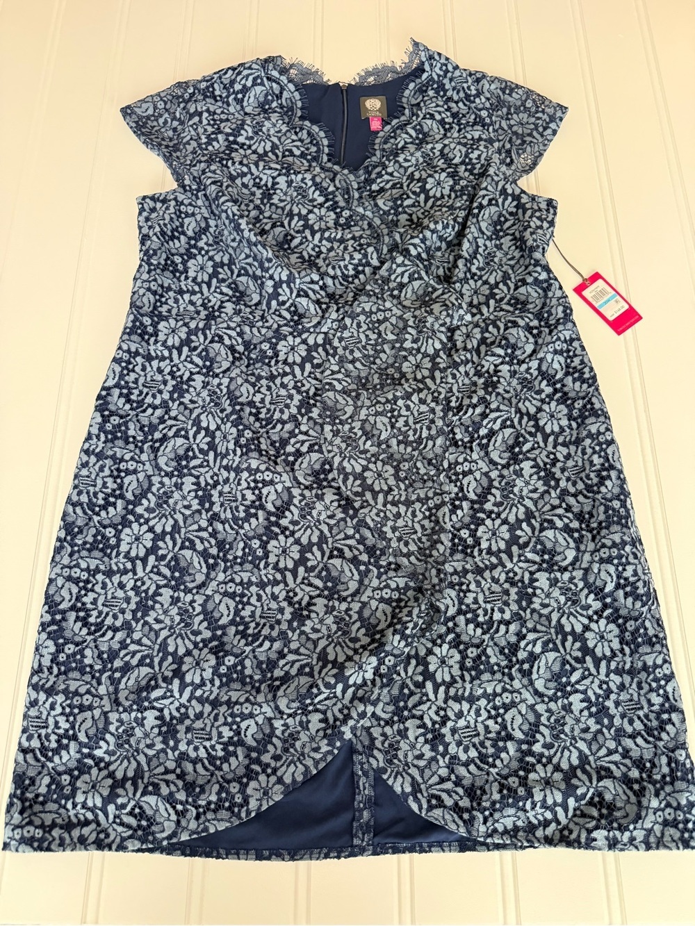 VINCE CAMUTO Dress Plus 20W Scallop Ruffle Sheath Blue Cap Sleeve Lace NEW 2047 - Picture 3 of 5